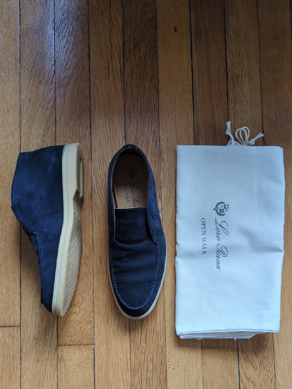 Loro Piana Navy Suede Ankle Booties with Cream Sole